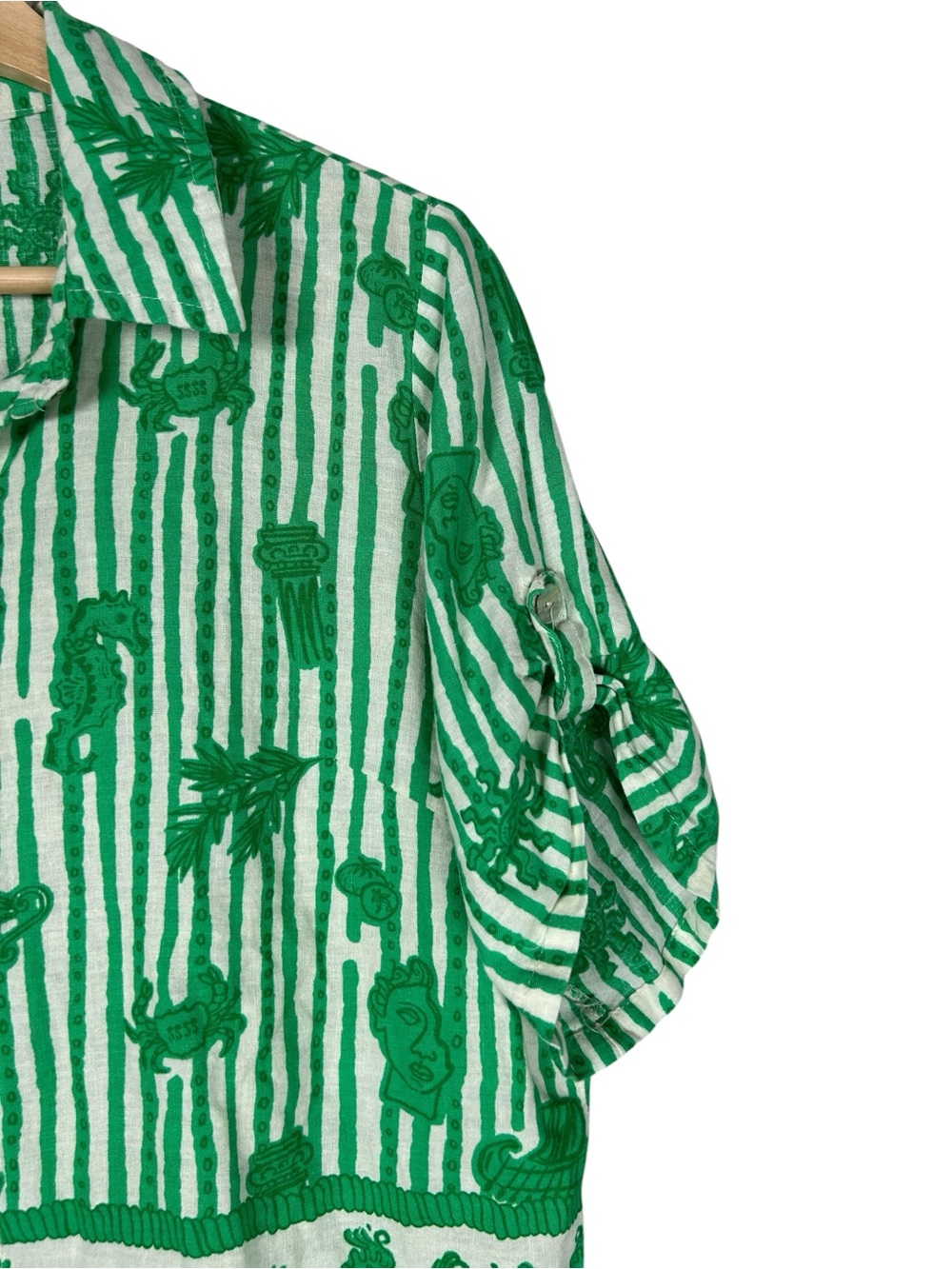 Calypso St. Barth Shirt Top Linen Sicily Roll tab Short Sleeve Green Sz M - Picture 5 of 9